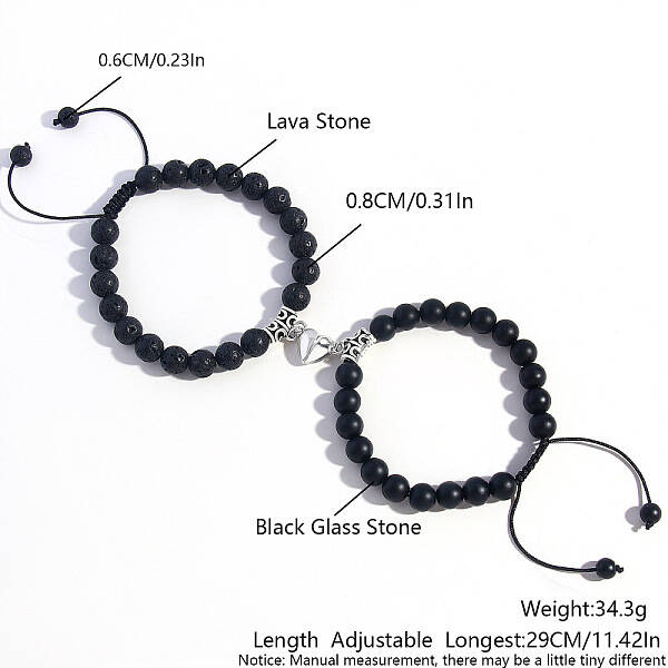2 Pcs Synthetic Black Stone & Lava Rock Couple Bracelets with Heart Magnetic Attraction