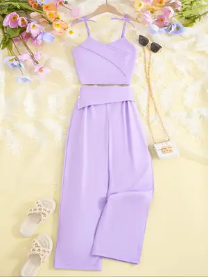 Girl's Solid Color Cami Top & Wide Leg Pants Two-piece Set without Bag and Glasses, Casual Sleeveless Top & Trousers for Summ...