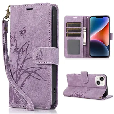 PU Leather Floral Pattern Phone Case with Card Holder & Lanyard, Wallet Design Flip Phone Case, Shockproof Phone Protector fo...