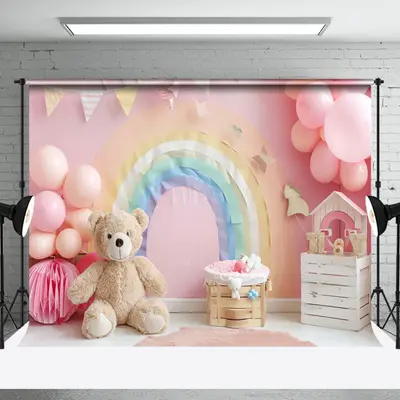 Aperturee Colorful Rainbow Balloons Bear Cake Smash Backdrop, 3X2FT(1MX0.6M), 14 USD, birthday cake smash backdrops, NYHD1I66...