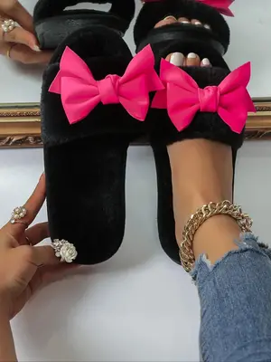 Women's 1 Pair Bow Decorated Fluffy Slippers, Cute Butterfly Design Plush Bedroom Slippers, Fashion Warm Women's Slippers for...