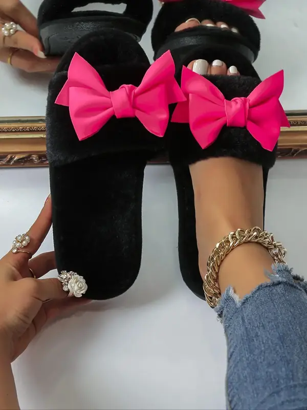 Women's 1 Pair Bow Decorated Fluffy Slippers, Cute Butterfly Design Plush Bedroom Slippers, Fashion Warm Women's Slippers for...