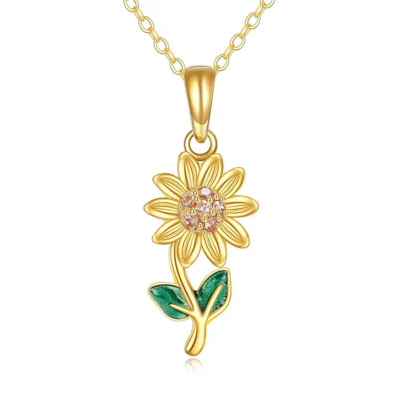 14K Gold Pink Cubic Zirconia Sunflower Pendant Necklace