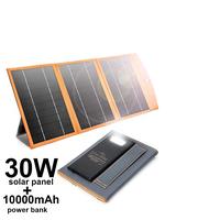 30W solar panel charger with 10000mAh battery, foldable ETFE design, dual USB and Type-C ports, 5V 3A fast charging, waterpro...