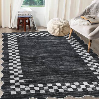 Garvee Bordered Dark Grey 8x10 Area Rug for Living Room Scalloped Washable Large Bedroom Rug Non Slip Stain Resistant Modern ...