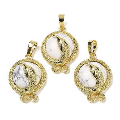 Natural Howlite Flat Round Shaped Brass Pendants