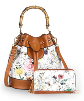 Small Size Floral Print Bucket Bag Handbag With Matching Wallet Bamboo Handle Stylish & Functional Floral Elegance Set