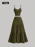 Women's Solid Crop Cami Top & A-line Skirt Two-piece Set, Casual Fashion Cozy Two Piece Spaghetti Strap Outfits for Daily Out...
