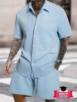 Two-Piece Set Men's Solid Color Textured Button Shortsleeve Shirt & Elastic Waist Shorts, Regular Fit Casual Short Sleeve Col...