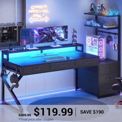 SEDETA ® 55 Inch Reversible Corner Computer Desk with 6 Drawers Gaming Desk with LED Lights PC Desk with Power Outlet and Mo...