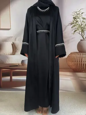 Luxury Satin Abaya Set for Muslim Women, Long Robe with Fringe Belt, Includes Hijab, Headband, Detachable Necklace, All Seaso...