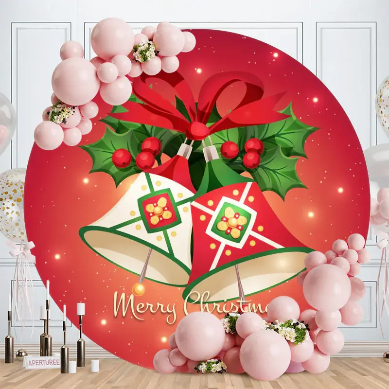 Bell Red Theme Round Happy Christmas Backdrop - Aperturee