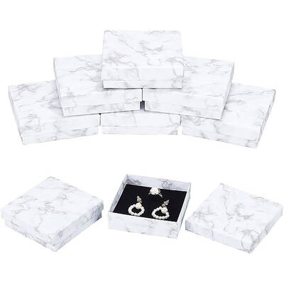BENECREAT 8 Pack White Marble Effect Square Cardboard Jewellery Pendant Boxes Gift Boxes with Sponge Insert