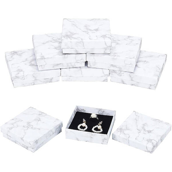 BENECREAT 8 Pack White Marble Effect Square Cardboard Jewellery Pendant Boxes Gift Boxes with Sponge Insert