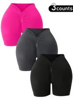 Women's Solid Color Ruched High Waist Sports Shorts, Medium Stretch Sporty Breathable Butt Lifting Yoga Gym Workout Leggings,...