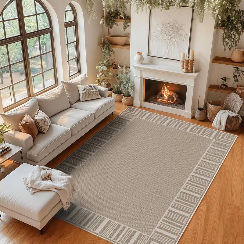 Garvee Striped Border Easy Jute Outdoor Rug 9x12 - Washable, Non-Slip, Polyester Linen-Style, Scratch & Stain Resistant, Pati...