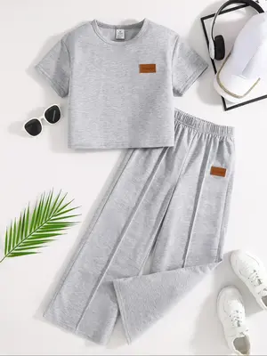 Girl's Letter Patched Short Sleeve Tee & Elastic Waist Pants Two-piece Set, Casual Round Neck T-shirt & Trousers for Summer, ...
