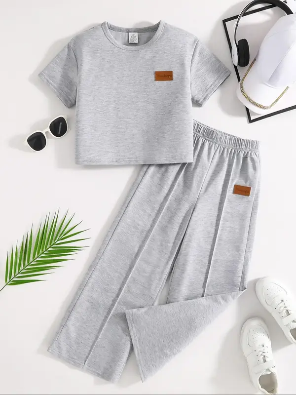 Girl's Letter Patched Short Sleeve Tee & Elastic Waist Pants Two-piece Set, Casual Round Neck T-shirt & Trousers for Summer, ...
