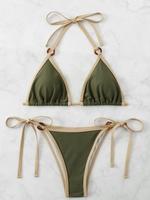 Women's Contrast Binding Ring Linked Bikinis Sets, Summer Swimsuit Sets, Casual Halter Neck Tie Back Triangle Swim Bra & Tie ...