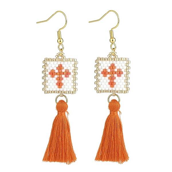 Glass Rectangle with Tassel Dangle Earrings