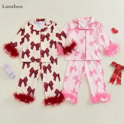 Girls Baby Spring and Autumn Pajamas 2 Piece Set Feather Trim Long Sleeve Cute Bow Print Shirt + Pants Set Infant and Toddler...