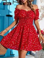 Women's Floral Print Off Shoulder Dress, Elegant Fashion Casual Short Dress for Daily Outdoor Wear, Women Dress for Summer, S...