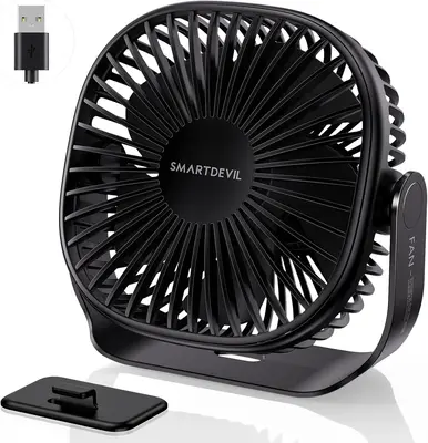 SmartDevil Small USB Desk Fan, 3 Speeds Portable Personal Desktop Table Fan with Pasteable Hook, Dual 360° Adjustment Mini F...