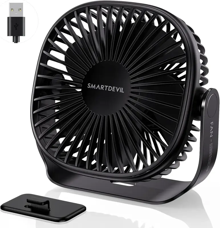 SmartDevil Small USB Desk Fan, 3 Speeds Portable Personal Desktop Table Fan with Pasteable Hook, Dual 360° Adjustment Mini F...