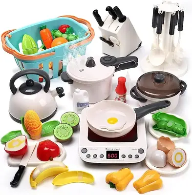 CUTE STONE Pretend Play Kitchen Toy with Cookware Steam Pressure Pot and Electronic Induction Cooktop, Cooking Utensils Cutti...