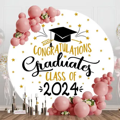 White Gold Cap Class 2024 Round Graduation Backdrop - Aperturee