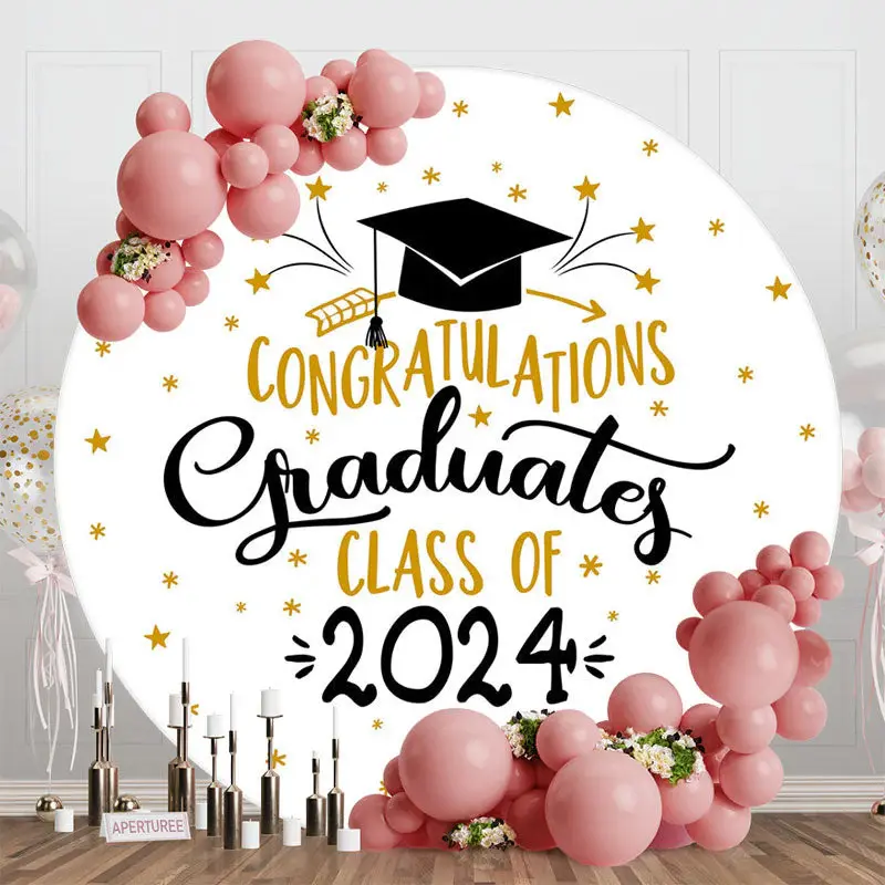 White Gold Cap Class 2024 Round Graduation Backdrop - Aperturee