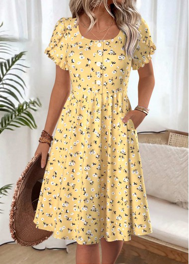 Modlily Yellow Ditsy Floral Print Short Sleeve Boat Neck Dress - S