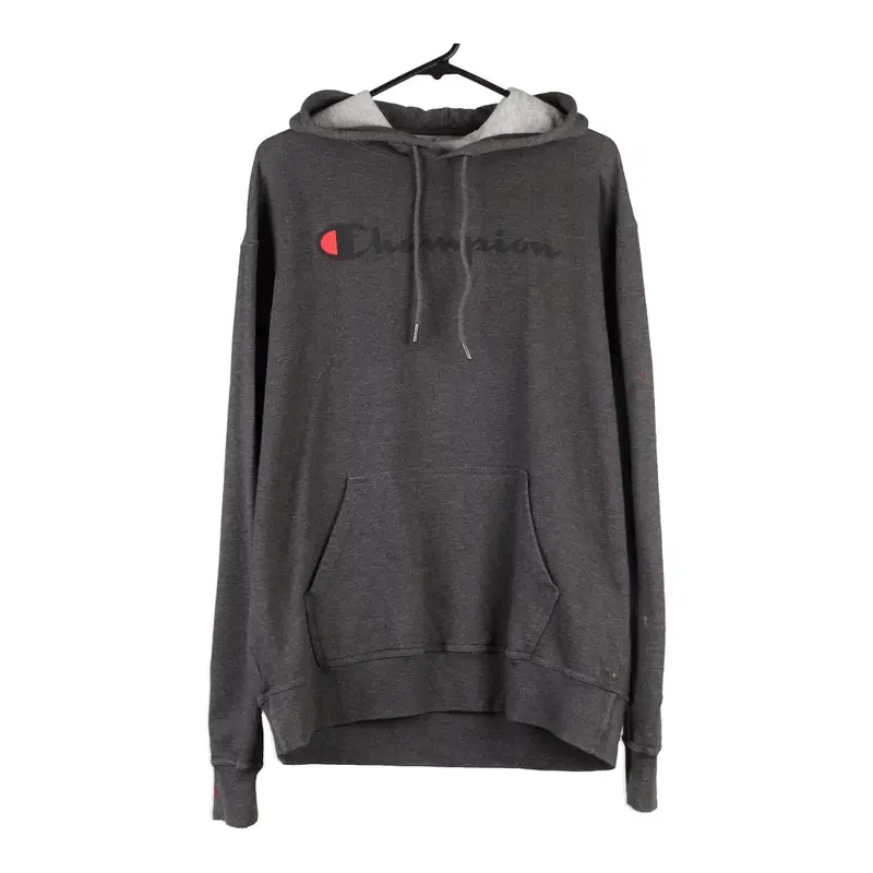Champion Spellout Hoodie - Large Grey Cotton Blend