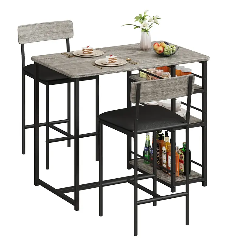 Garvee Dining Table Set for 2, Bar Table and Chairs for 2, Kitchen Table Set with 2 Upholstered Chairs, 3 Large Storage Shelv...