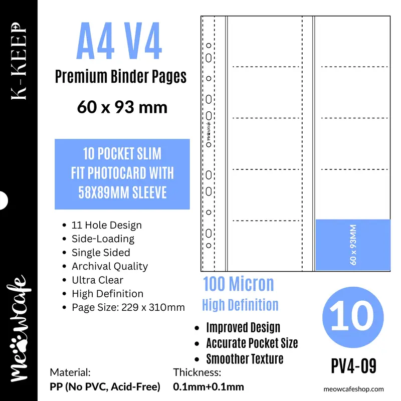 K-KEEP [A4 V4] -  10 Pocket Slim (60x93mm) - 11 Holes Premium Binder Pages, 100 Micron Thick, High Definition (Pack of 10) - ...