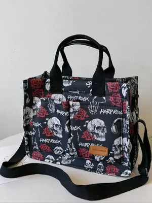 Fashion Skull & Rose Pattern Patched Design Tote Bag, 2025 New Style Casual Multi-pocket Alphabet Pattern Handbag, Tote Bag f...