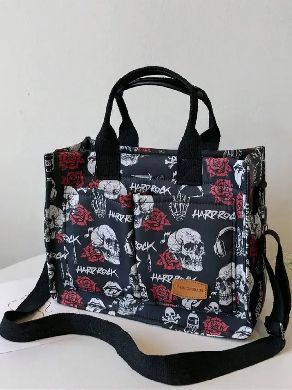 Fashion Skull & Rose Pattern Patched Design Tote Bag, 2025 New Style Casual Multi-pocket Alphabet Pattern Handbag, Tote Bag f...