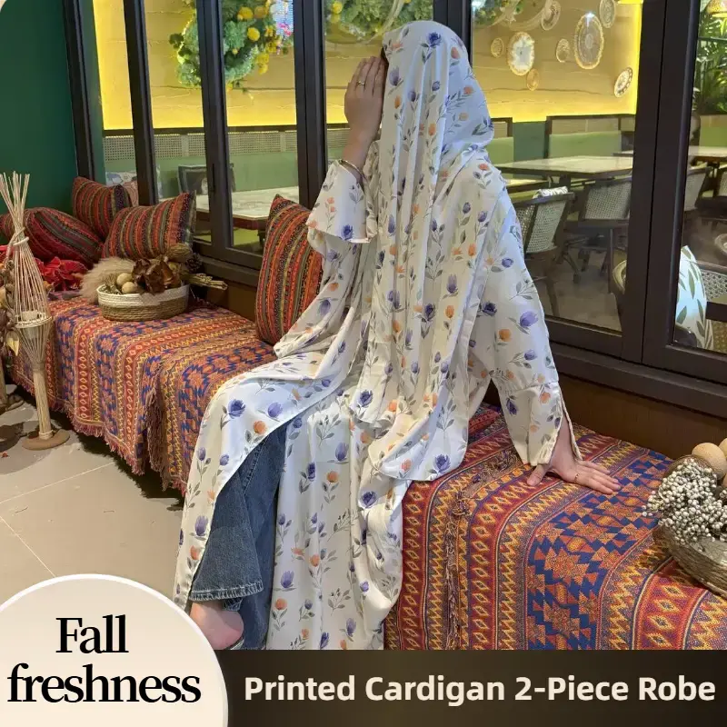 【FallFreshness】CL69 - 6 Floral Butterfly Hijab cardigan for women, Two piece set, Bat sleeve, Cropped cuff, Cool and vent...