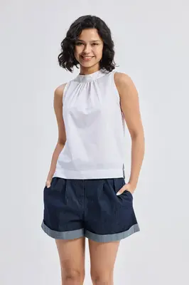 High-Neck Top with Gathers in White | Color: White | Size: M