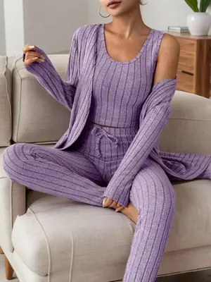 Women's Solid Ribbed Tank Top & Pants & Open Front Long Sleeve Top, Casual Comfy Pyjama Set, Women's Sleepwear for Spring & F...