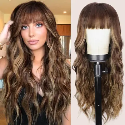 Vigorous Wig With Bangs Long Wavy Brown Mixed Blonde Highlights Wig with Dark Roots Ombre Natural Curly Synthetic Resistant F...