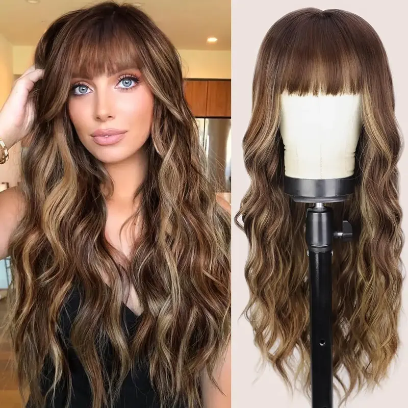 Vigorous Wig With Bangs Long Wavy Brown Mixed Blonde Highlights Wig with Dark Roots Ombre Natural Curly Synthetic Resistant F...