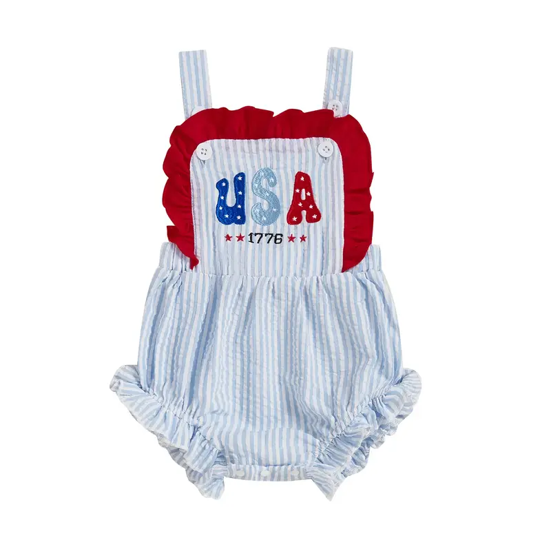 My First 4th of July Baby Girl Outfits Newborn USA Embroidery Romper Sleeveless Striped Overalls Infant Summer Onesie Bodysui...