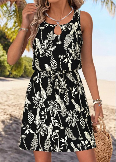 Modlily Black Tummy Coverage Tropical Plants Print Short Sleeveless Dress - S