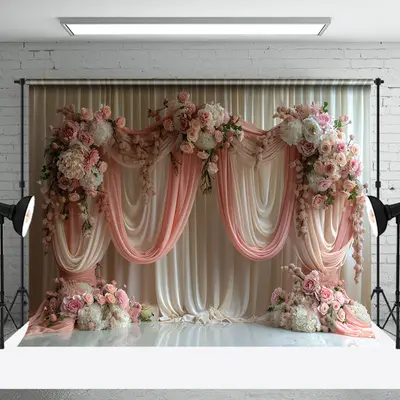 Romantic Beige Pink Curtain Floral Wedding Backdrop