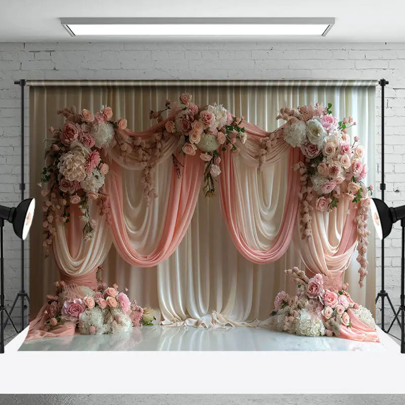 Romantic Beige Pink Curtain Floral Wedding Backdrop