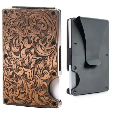 Western Floral Slim Wallet Card Holder with Money Clip for Men Zinc Alloy Antique Copper Filigree Design RFID Protection Trav...