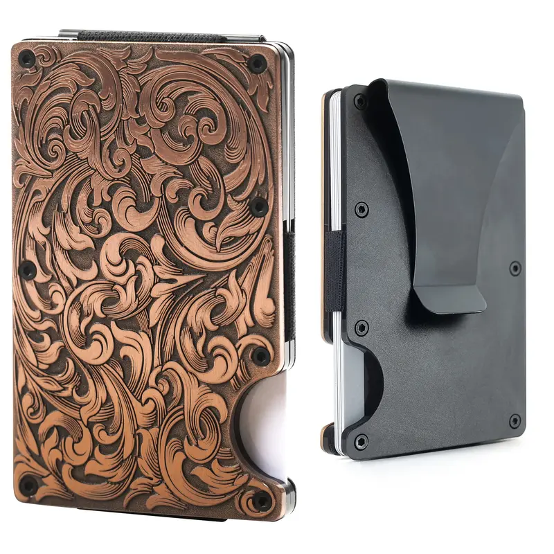 Western Floral Slim Wallet Card Holder with Money Clip for Men Zinc Alloy Antique Copper Filigree Design RFID Protection Trav...