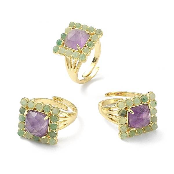 Natural Amethyst & Green Aventurine Rectangle Adjustable Ring