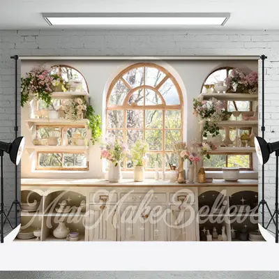 White Cupboard Floral Vase Window Trees Backdrop - Aperturee